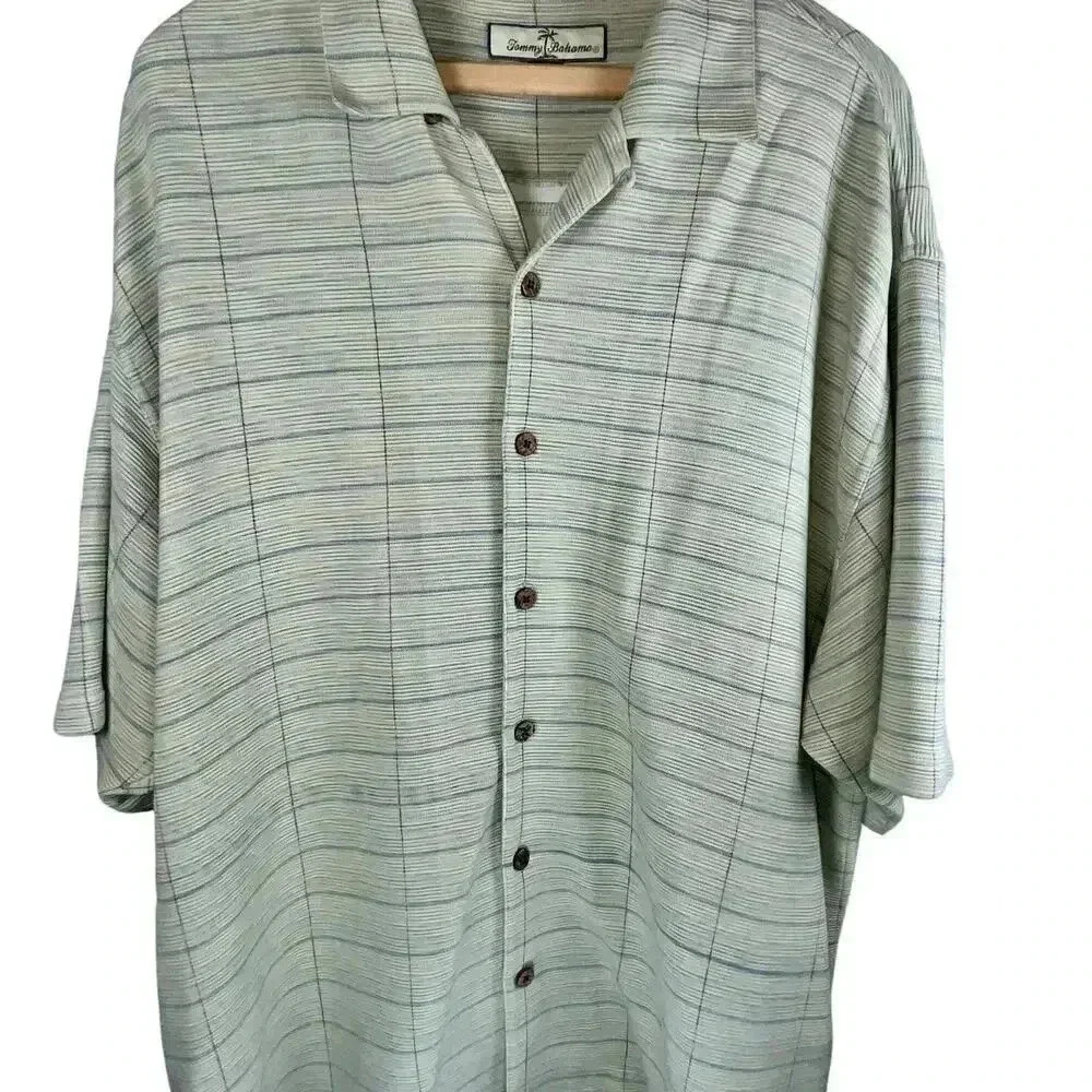 Tommy Bahama Men’s Silk Cotton‎ Blend Green and Blue Stripped Button-up Shirt LG